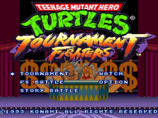 Teenage Mutant Hero Turtles Tournament Fighters title screen for Super Nintendo